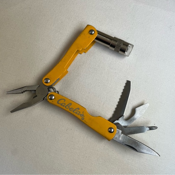Cabela's Miniature Yellow Multi-Tool with Black Pouch Flashlight Keychain Pliers - Picture 3 of 5